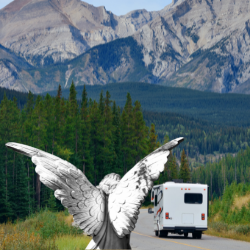 Angel watching over RV traveling on road