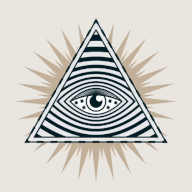 Animated GIF - Triangle with eye in center of it. The pupil is a crescent moon spinning counterclockwis. There are moving wavy lines surrounded the eye. The triangle is surrounded by a halo of light.
