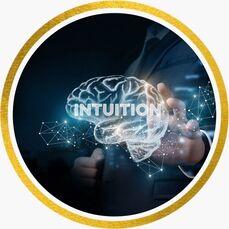 Sketch of human brain with the word Intuition printed on it. Background is dark with sparkling starfield. .