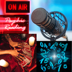 Collage - Text says On Air Psychic Reading - with images of mic, tarot cards, and numbers